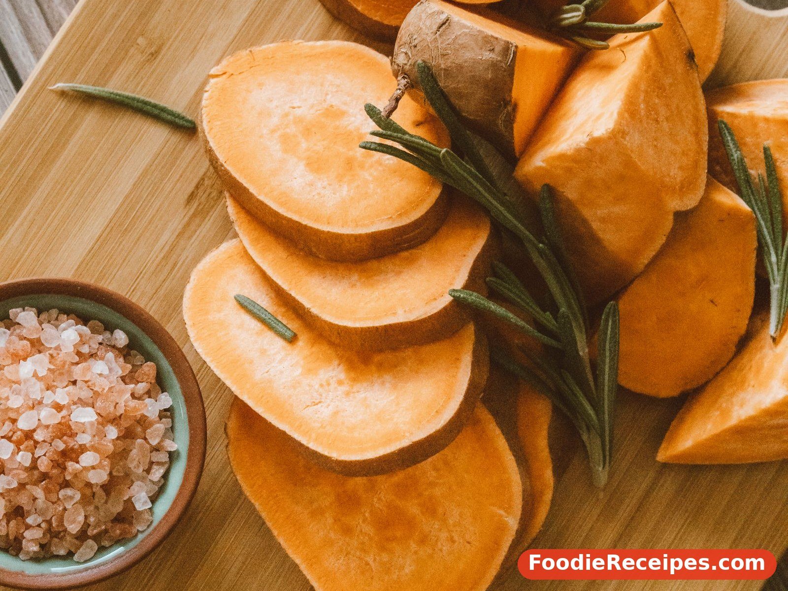 Sliced sweet potatoes on a board